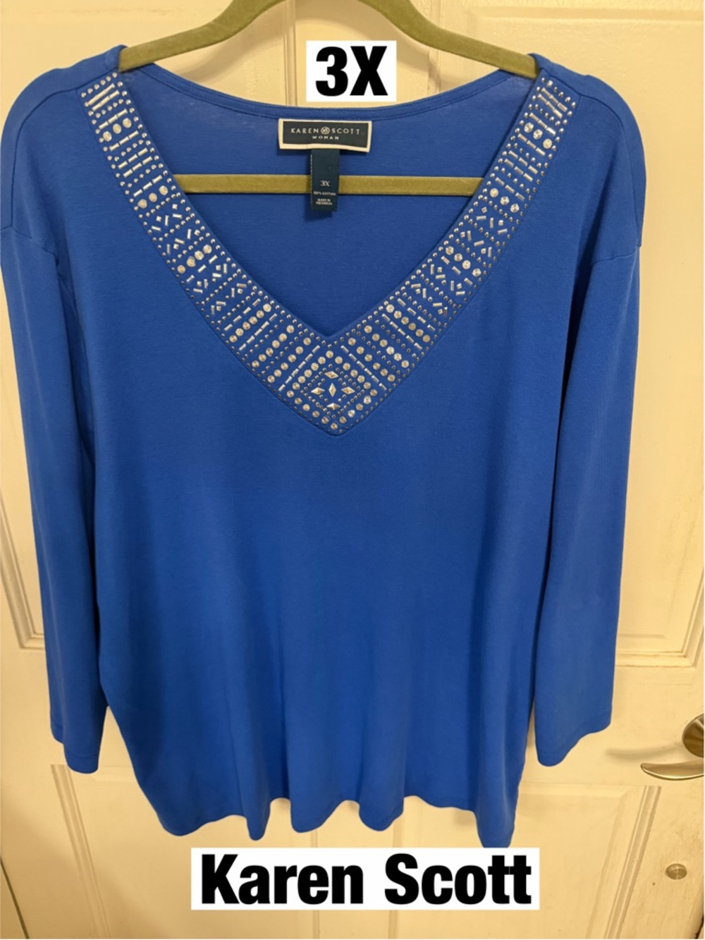 Karen Scott Royal Blue V-Neck Long Sleeve Top with Stud Detail - 3X